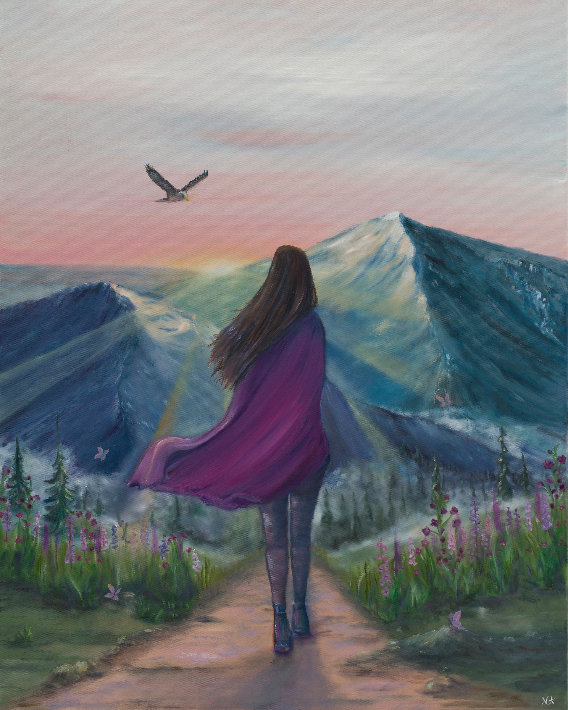 Woman kneeling by flowers, lakeside, adding a bouquet. Fall colors frame the sea and distant mountains.