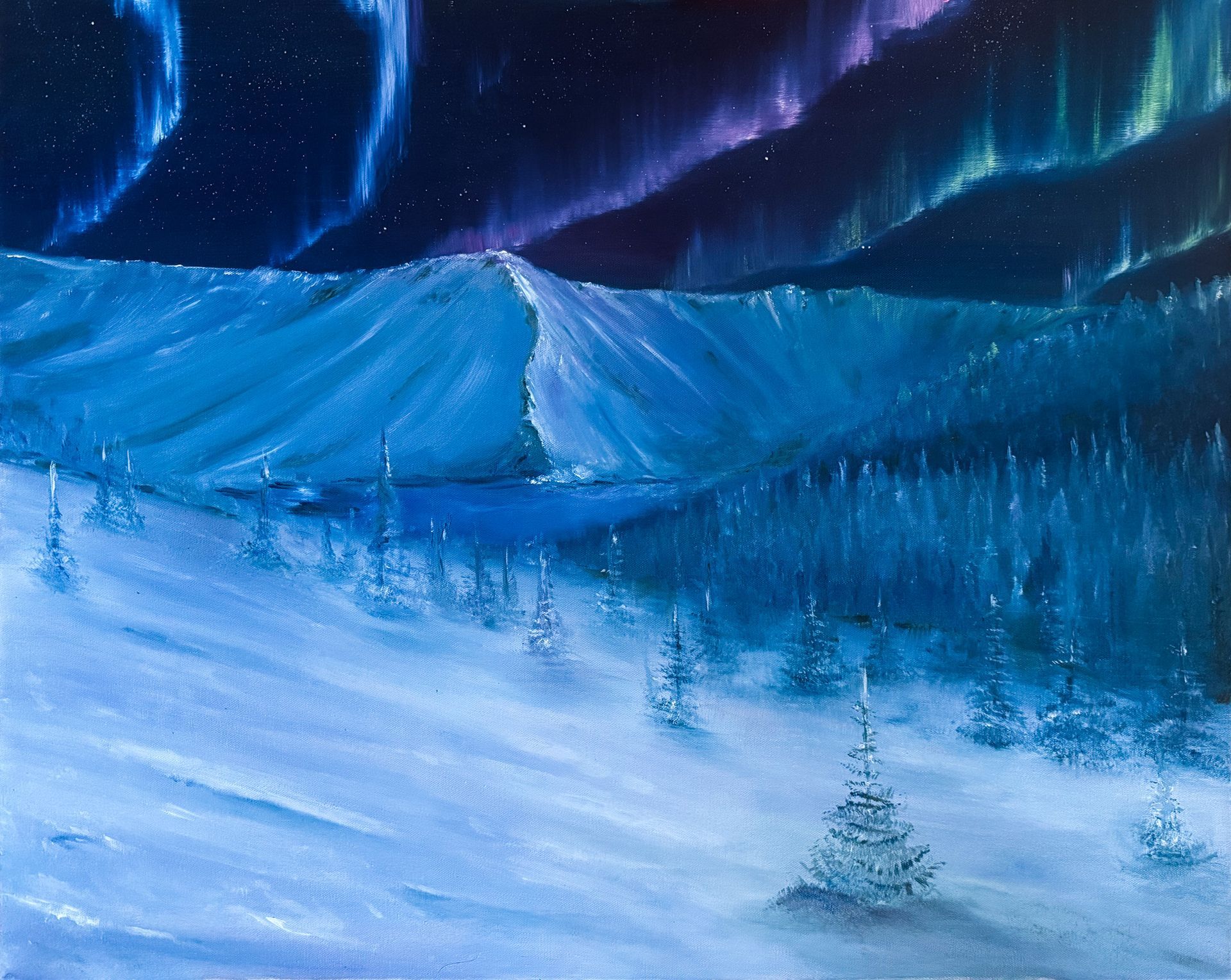 A painting of the aurora borealis over a snow-covered mountain landscape with evergreen trees. Blue, purple, and green hues dominate.