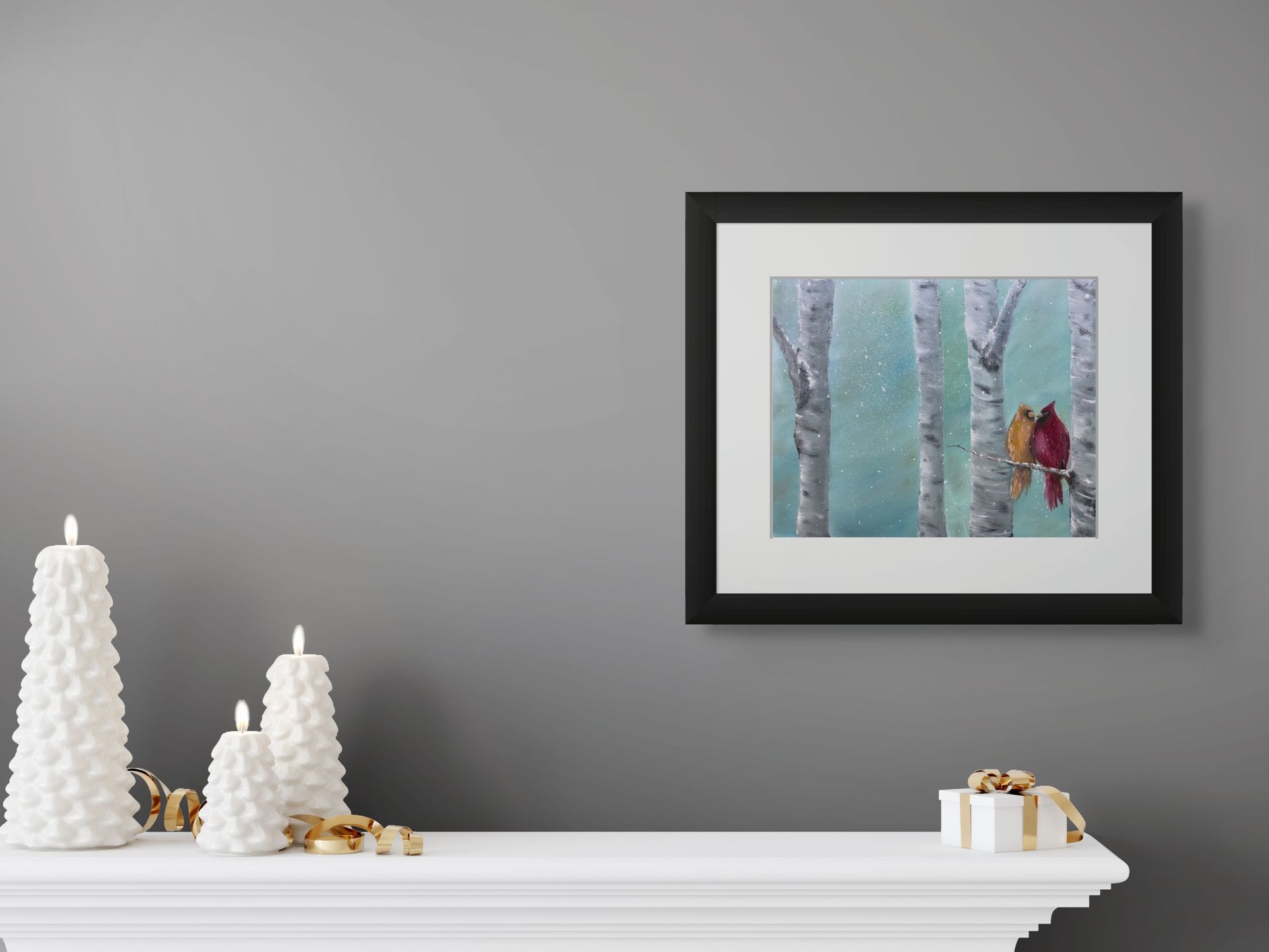 A painting of two birds sitting on a tree branch is hanging on a wall above a mantle.