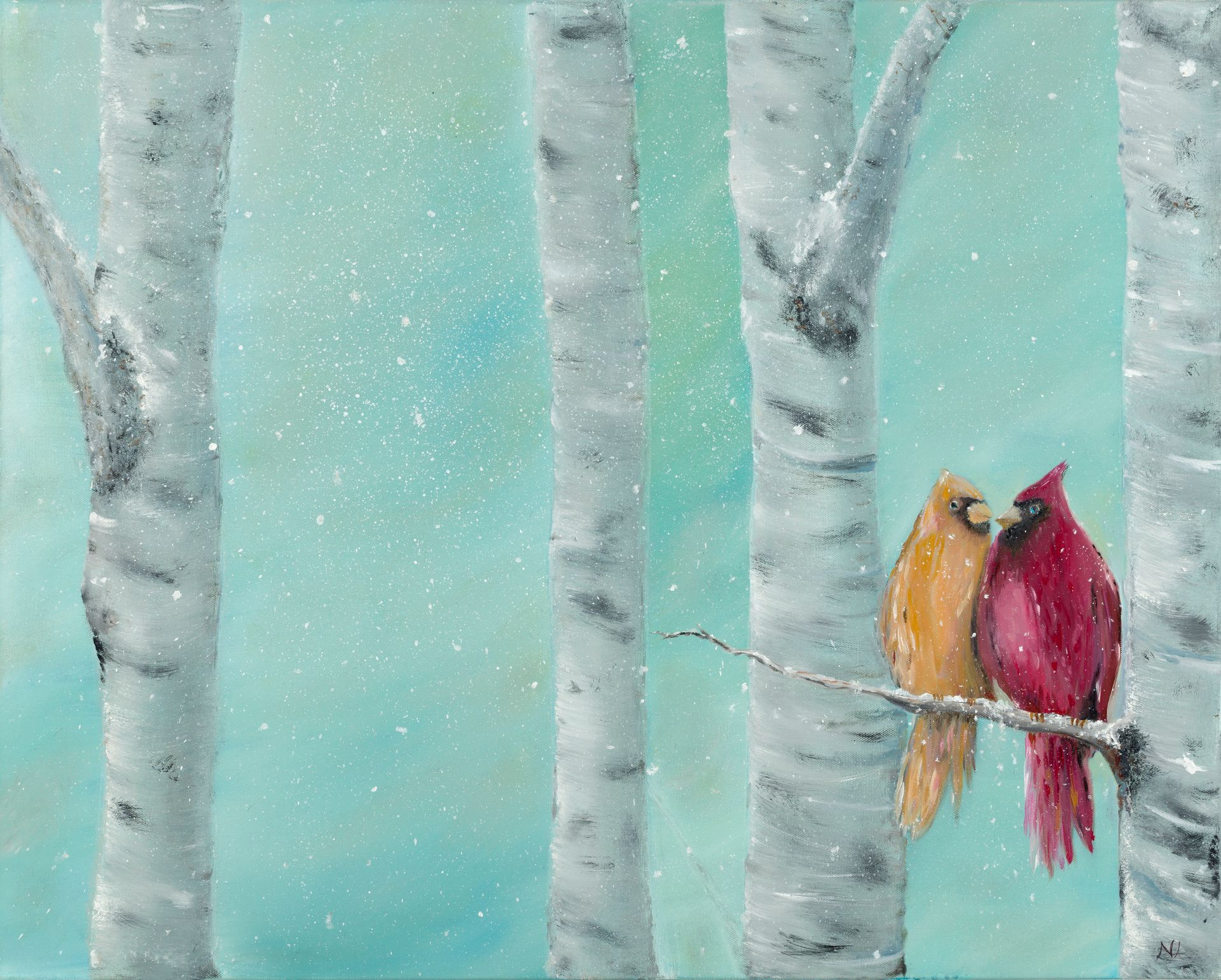 Two colorful birds perched on a branch among snowy birch trees