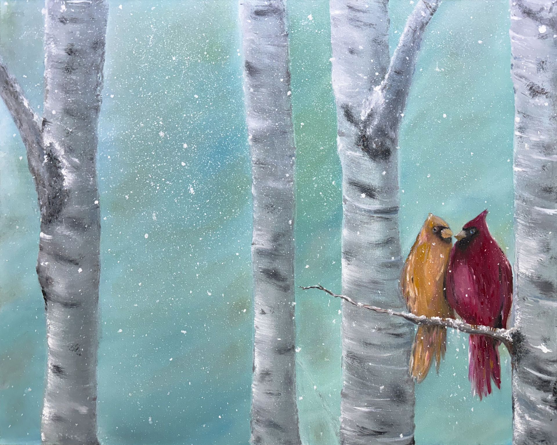 A painting of two cardinals perched on a branch in a snowy forest.