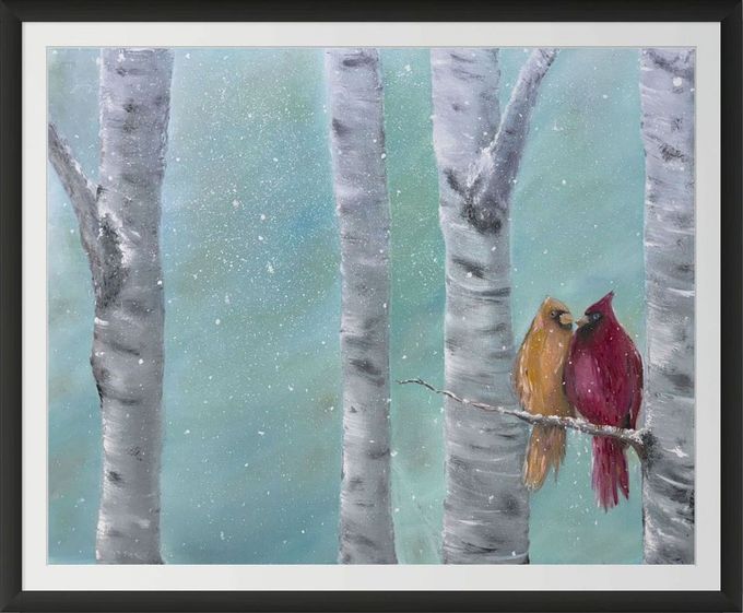 A painting of two cardinals perched on a branch in a snowy forest.