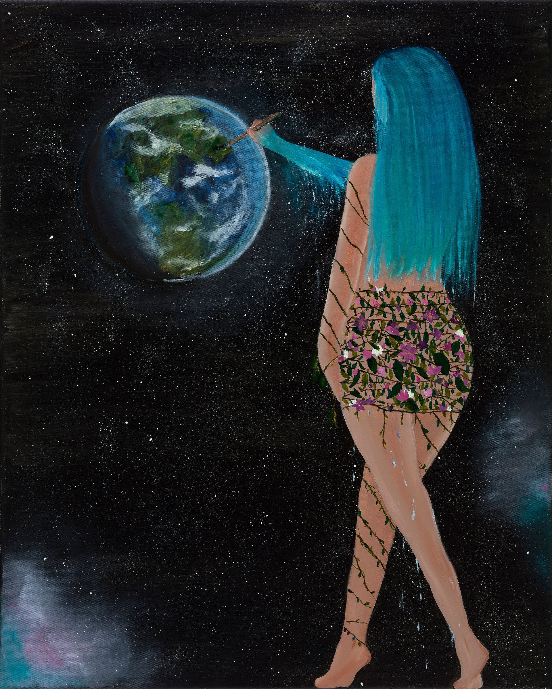 Woman with long turquoise hair touching a floating Earth in a starry space scene.