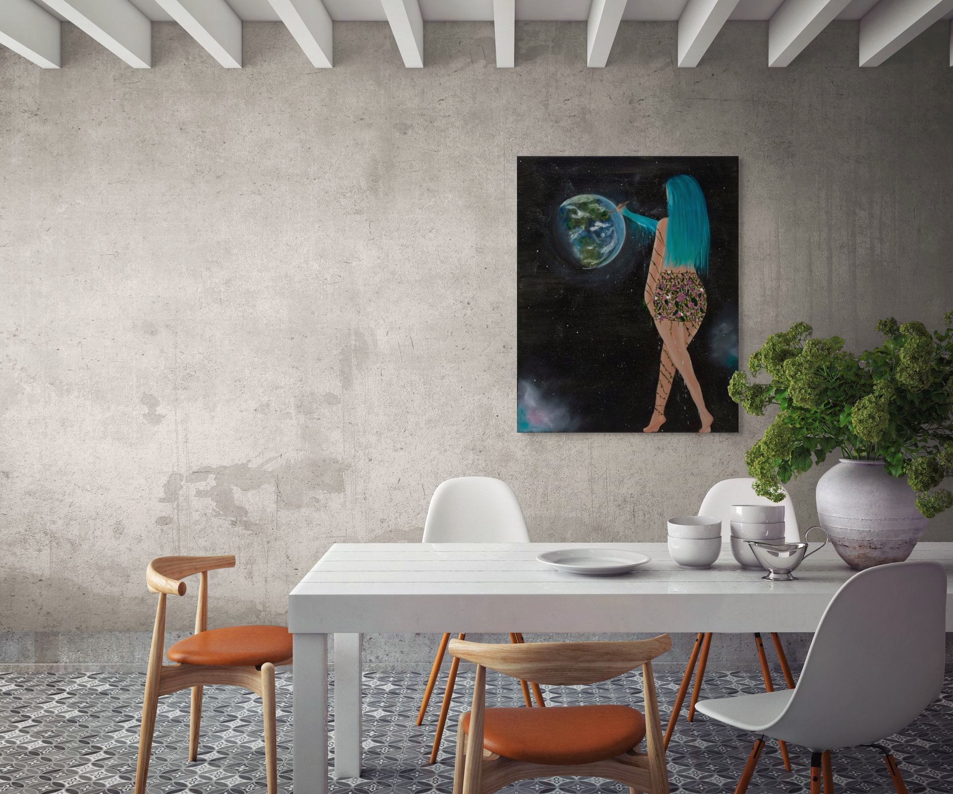 A living room with a white couch and a painting on the wall.