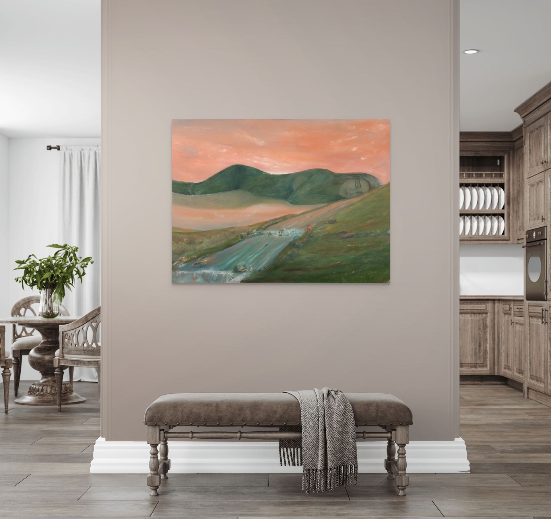 A painting is hanging on a wall above a bench in a hallway.