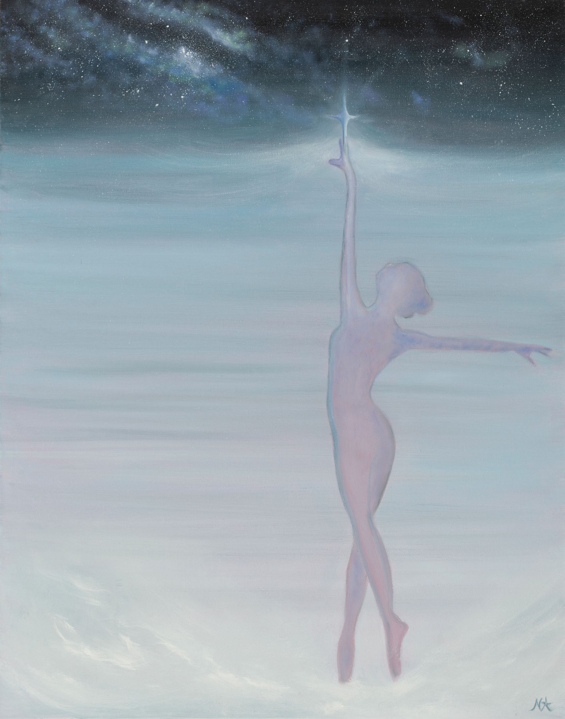Ballet dancer, arms raised, reaching for a star in a misty, starlit sky.