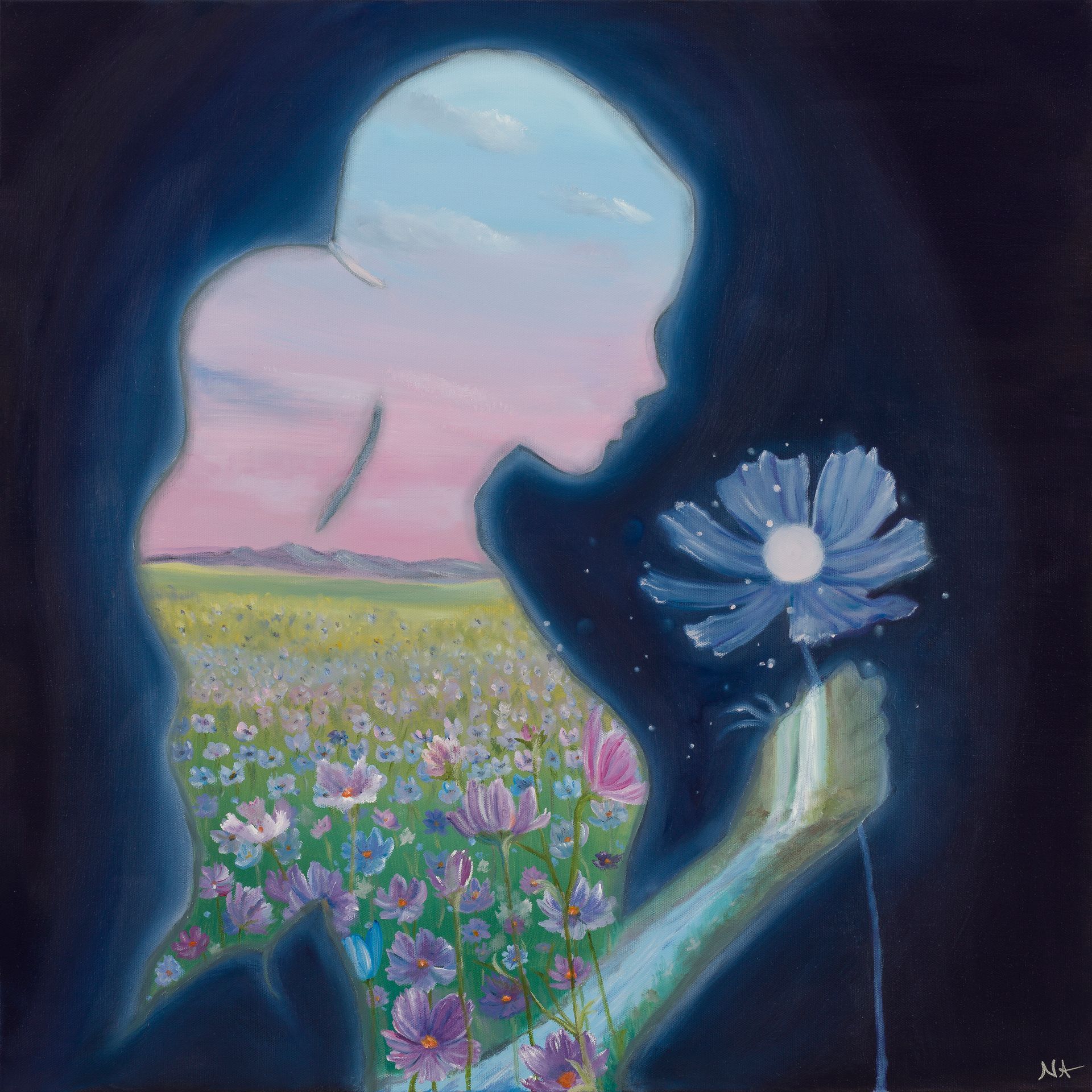 Silhouette of a person filled with a flowery field and sunset sky, holding a glowing blue flower against a dark background.