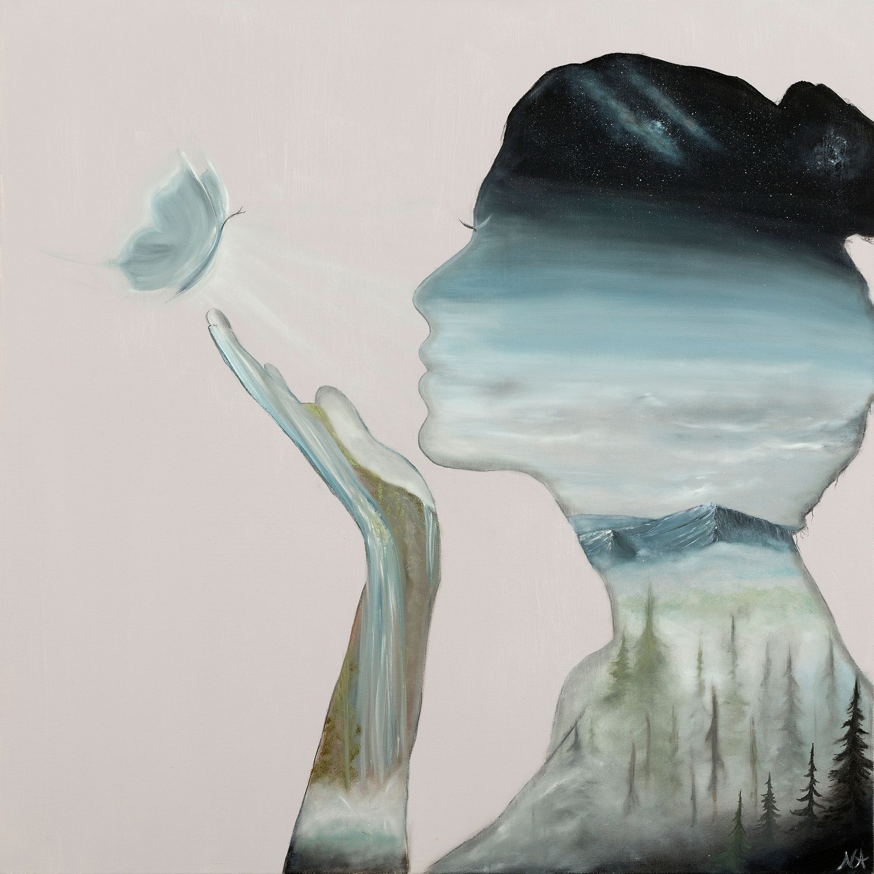 Painted silhouette of a person blowing a butterfly, with a mountain landscape in the neck area