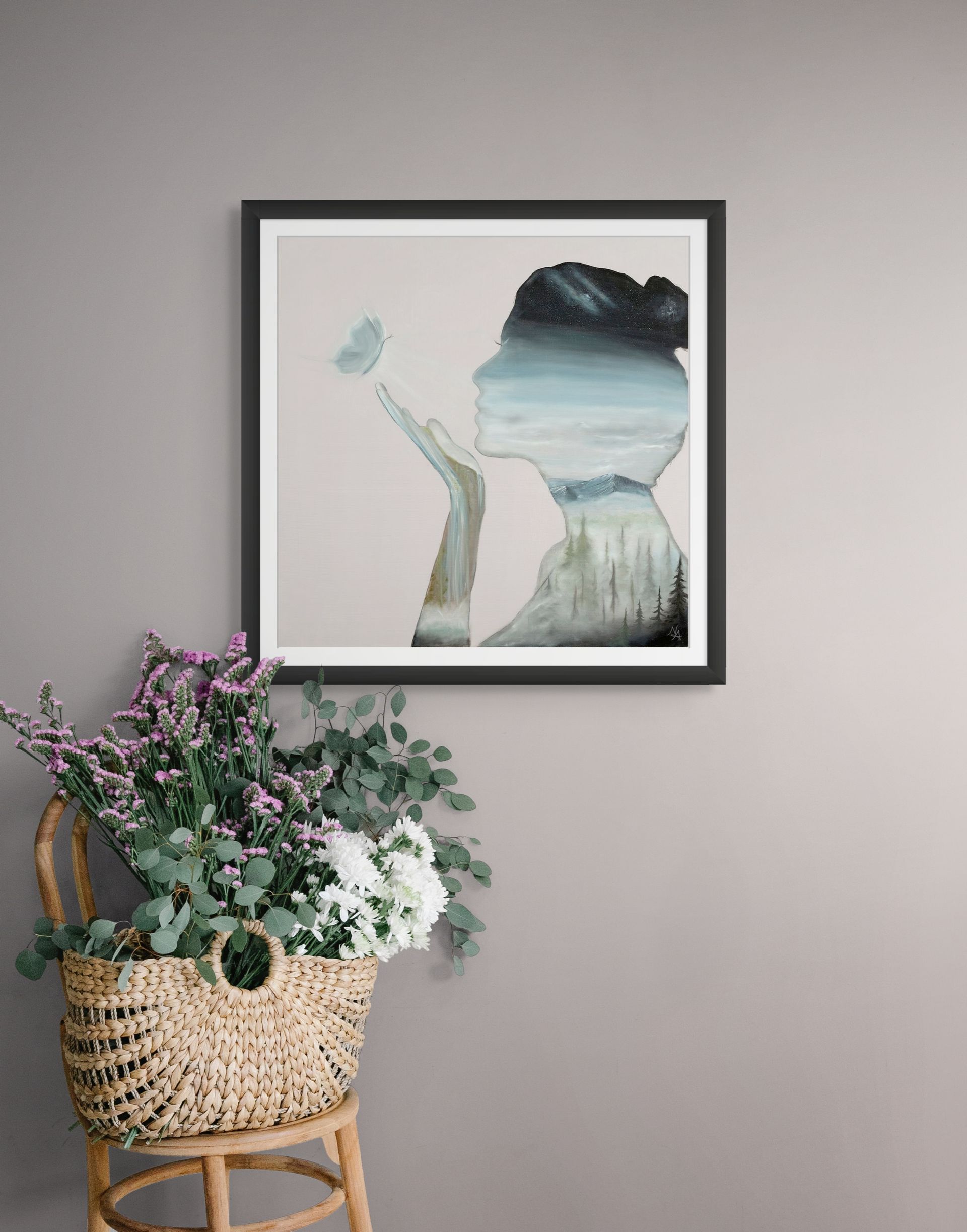 A painting of butterflies flying over a table with vases of flowers is hanging on a wall.
