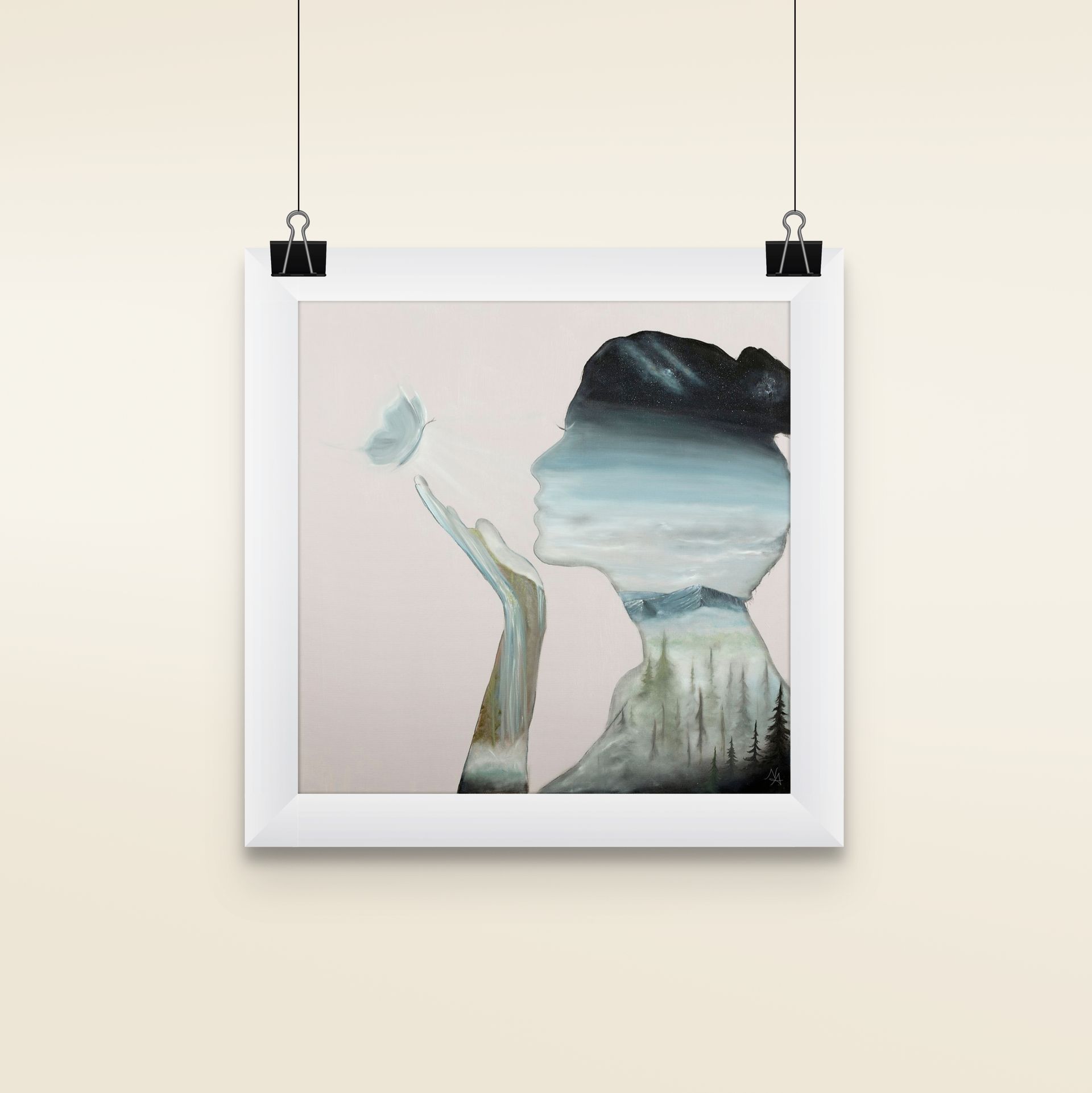 There is a painting of a woman holding a butterfly in her hand.