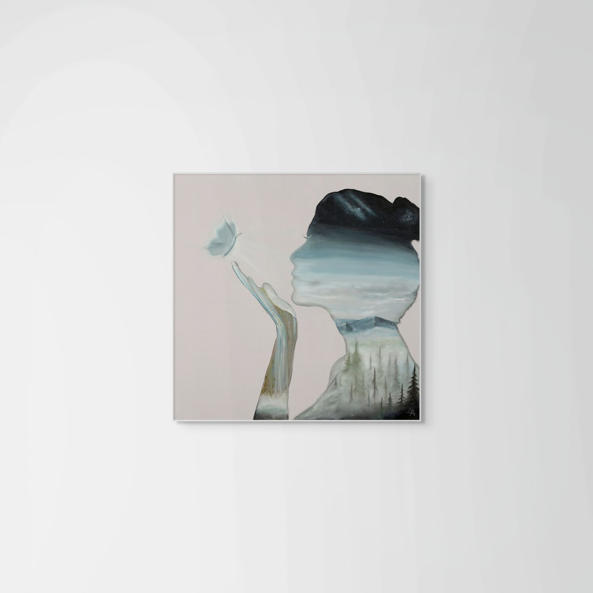 Silhouette of woman blowing a butterfly, landscape inside.