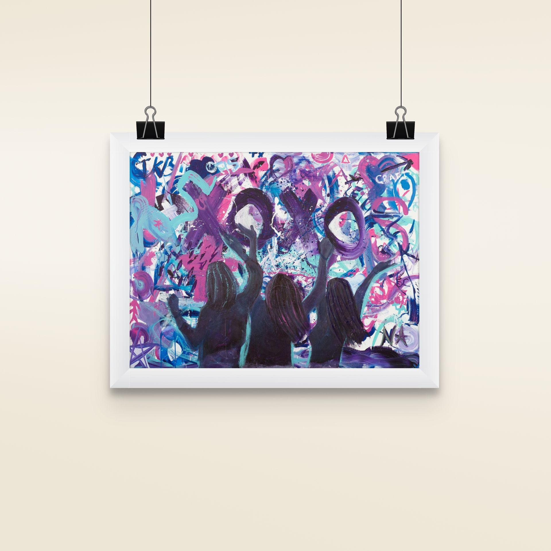 Painting of three silhouetted figures holding up hoops against an abstract, colorful background.