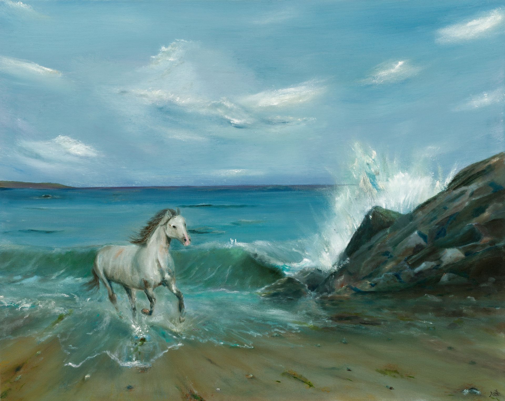 White horse running through shallow turquoise waves beside dark rocks under a cloudy sky