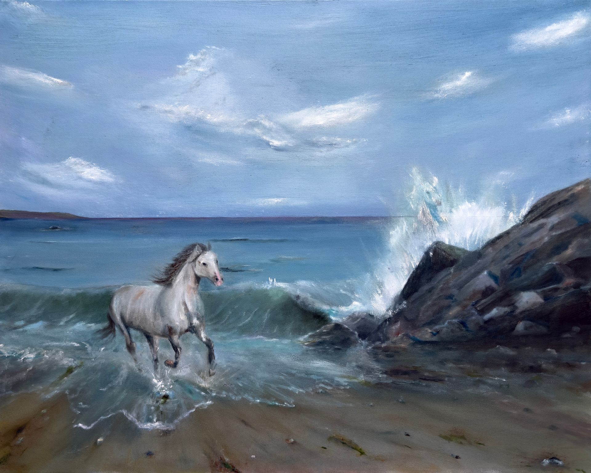 A painting of a horse running in the ocean