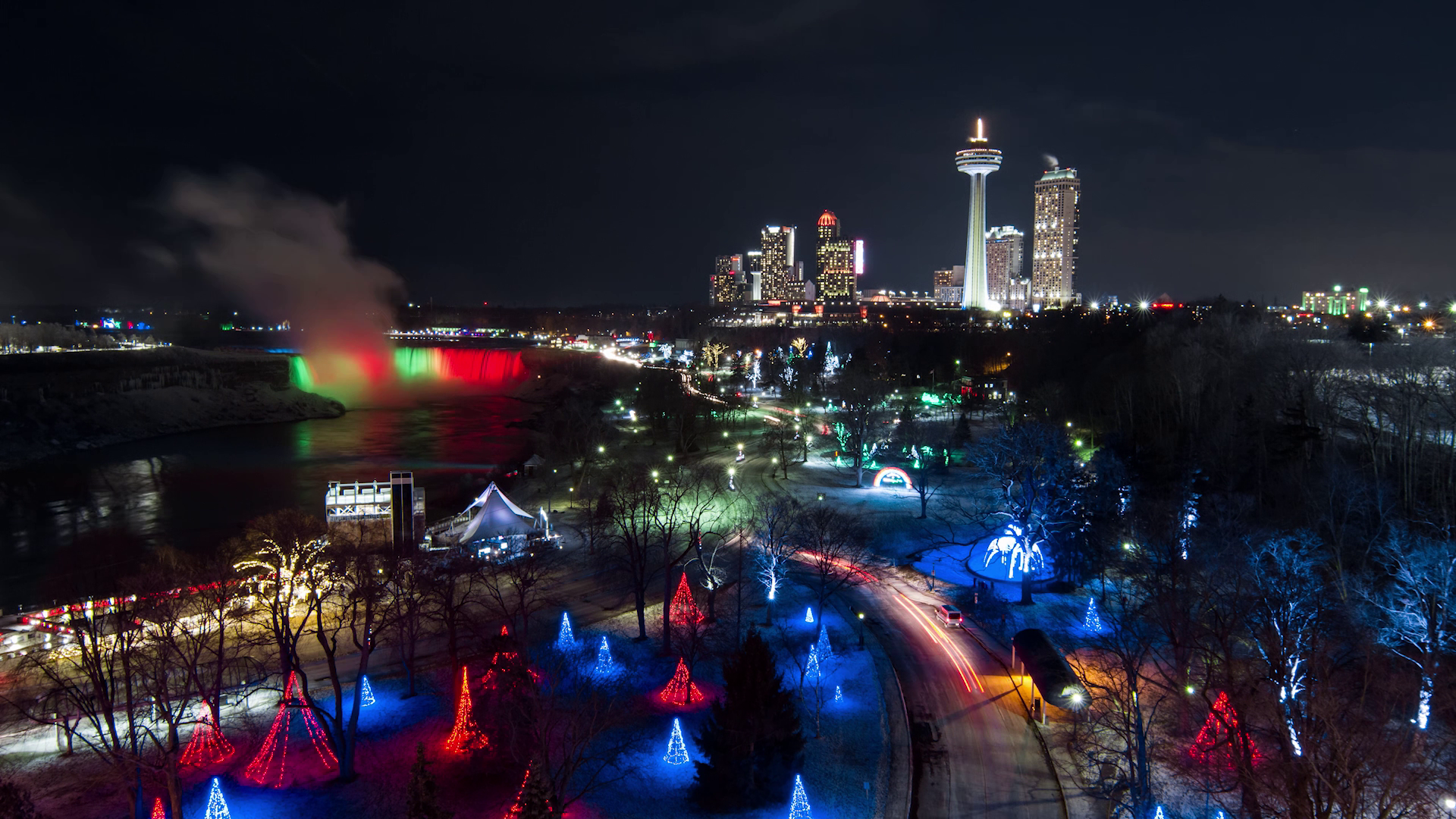 Niagara Falls in the winter at night.