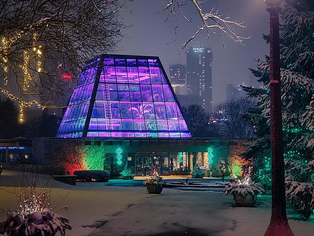 Niagara Parks Floral Showhouse at night during Winter Festival of Lights.