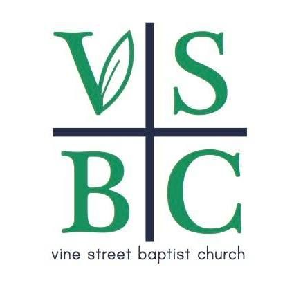 Logo for Vine Street Baptist Church: Green letters V, S, B, C inside a cross shape, with a leaf on the V.