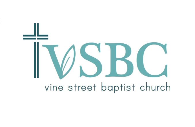 Logo for Vine Street Baptist Church: teal cross, leaf, and