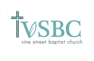Logo for Vine Street Baptist Church: teal cross, leaf, and