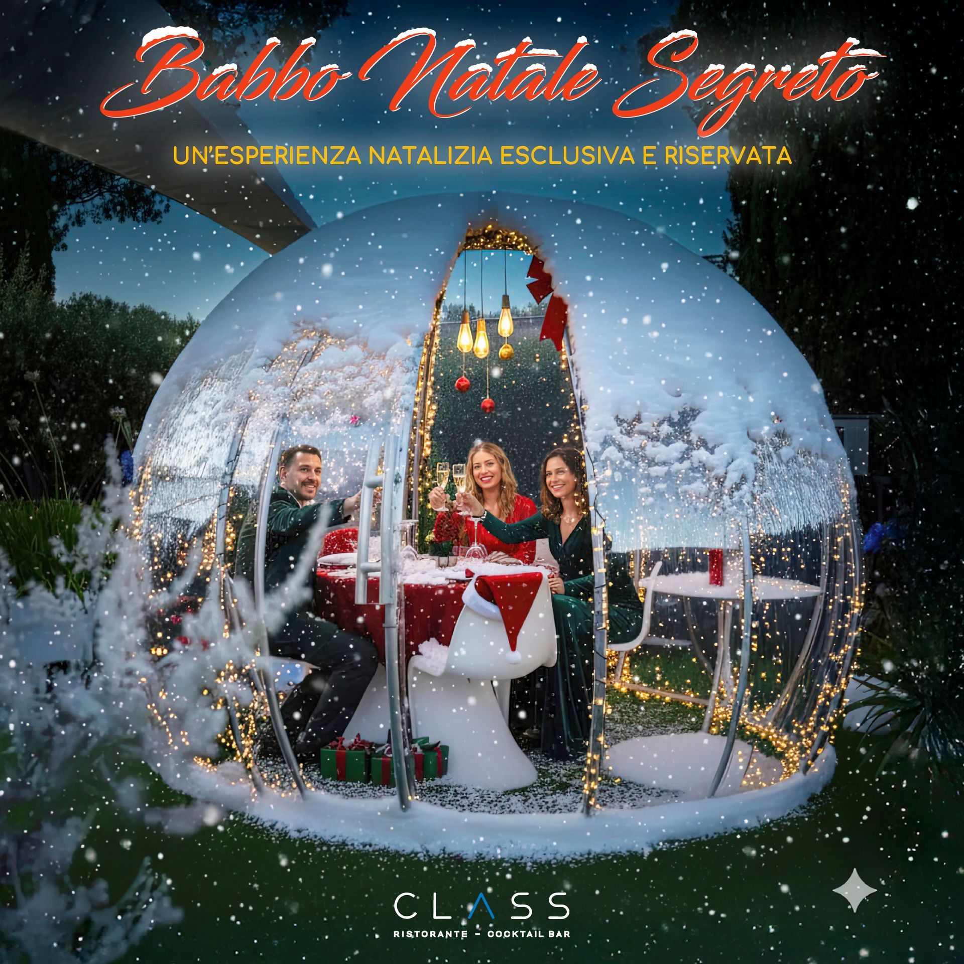 Unisciti al CLASS Ristorante Roma per una serata incantevole e indimenticabile in un esclusivo igloo, dove la magia del Natale prende vita!