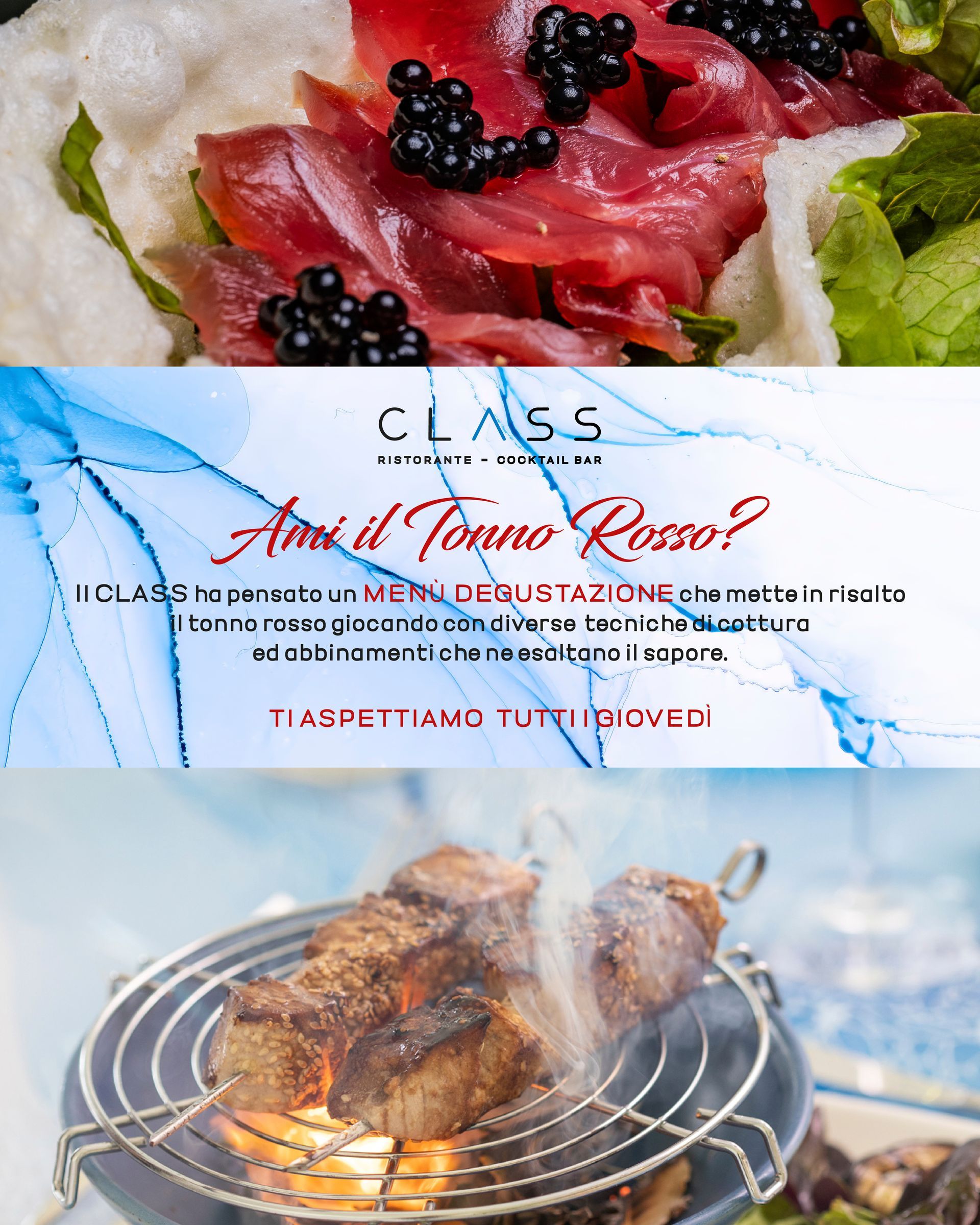 Ami il Tonno Rosso? Il Class ha pensato un menù degustazione  che mette in risalto il tonno rosso giocando con diverse tecniche di cottura ed abbinamenti che ne esaltano il sapore. Vieni a scoprirlo!