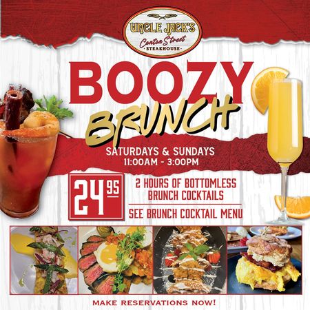 an advertisement for boozy brunch at uncle jack 's canton street