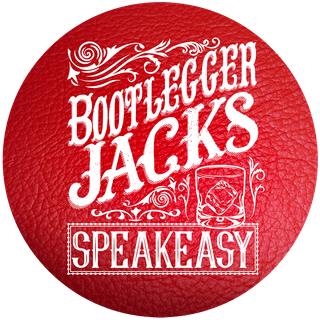a red button that says bootlegger jacks speakeasy