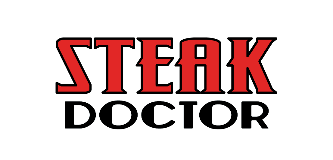 the steak doctor logo is red and black on a white background .
