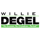 the logo for willie degel is black and green and says `` no excuses , no crybabies , period '' .