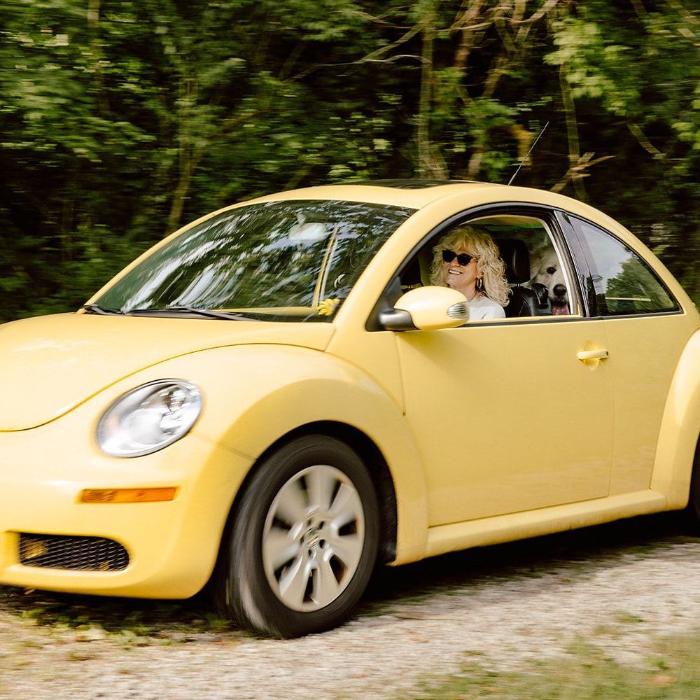 A woman is driving a yellow car with a dog in the back seat