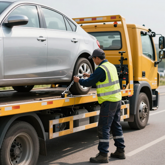 Un conductor de grúa con un chaleco reflectante asegura un coche plateado a la plataforma de una grúa amarilla de plataforma plana.