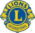 Blue and yellow Lions International logo: Lions facing outward, letter 