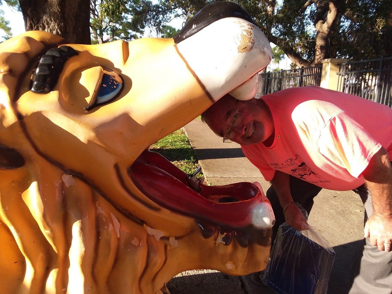A man in a pink shirt is leaning on a statue of a tiger