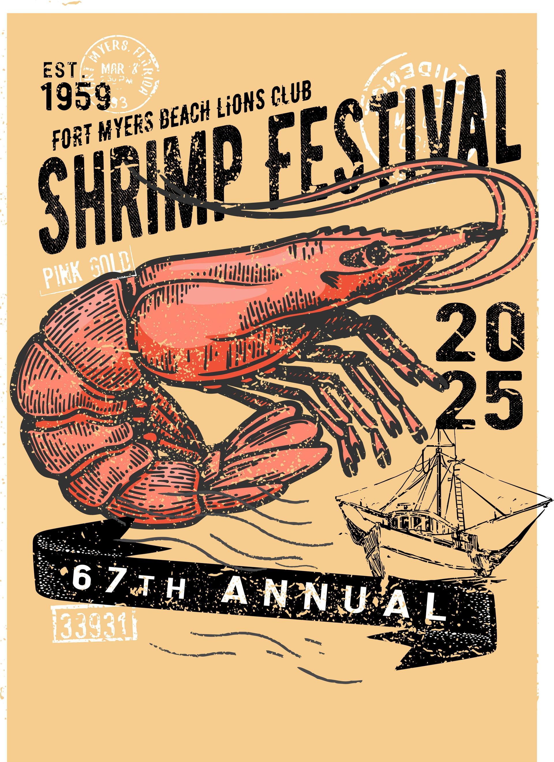 Shrimp Festival poster, 2025. Large pink shrimp, boat, banner 