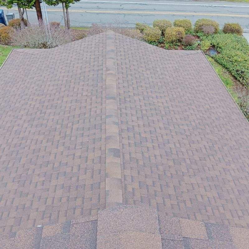 An aerial view of a brick driveway with a roof.