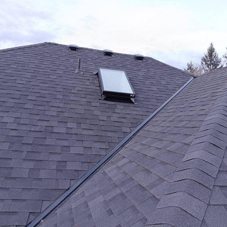 There is a skylight on the roof of a house.