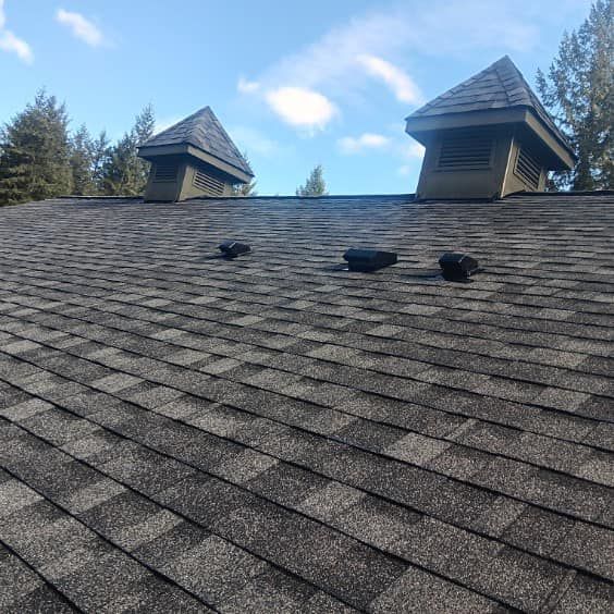 A roof with two chimneys on it and a blue sky in the background.