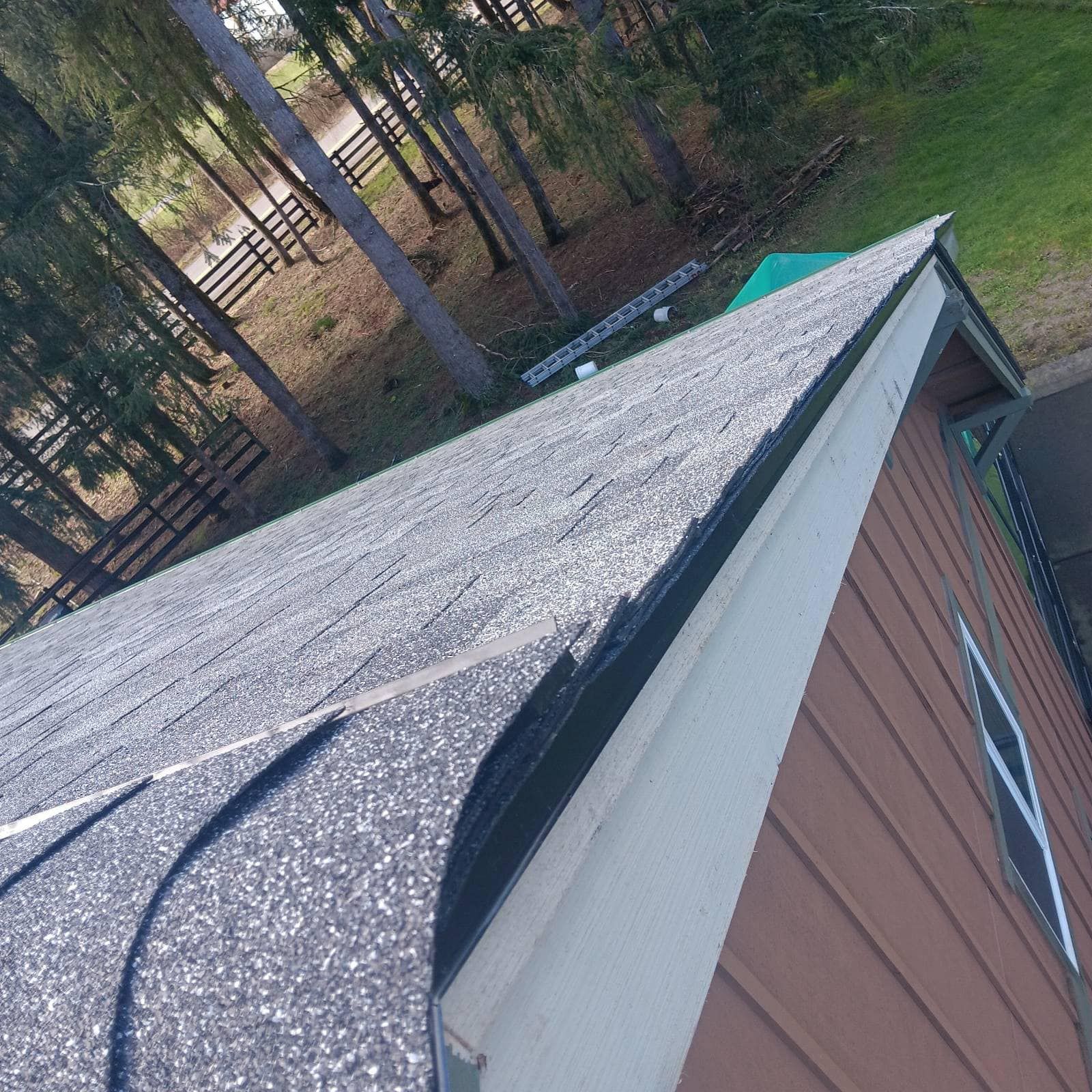 A close up of a roof of a house with trees in the background.