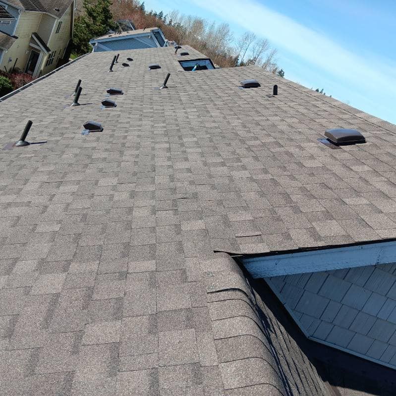 The roof of a house has a lot of shingles on it