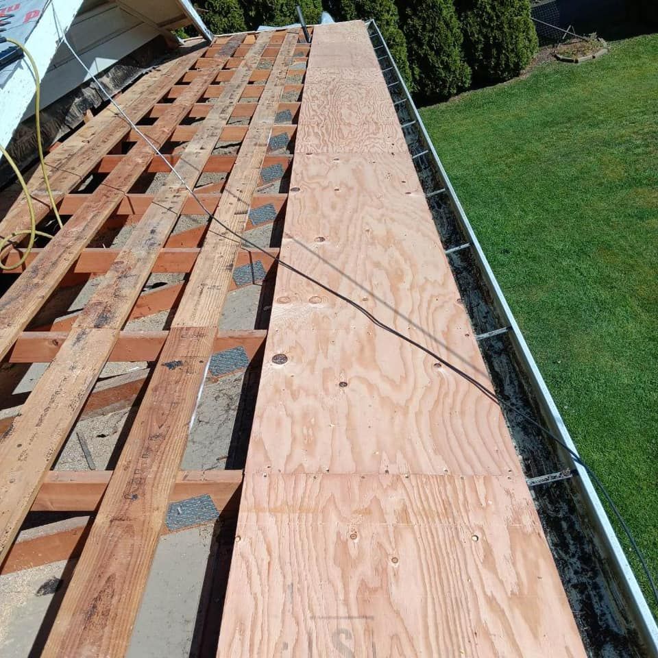 The roof of a house is being remodeled with plywood
