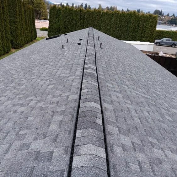 The roof of a house with a gray shingle roof.