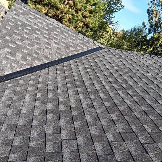 A close up of a roof with shingles and trees in the background.