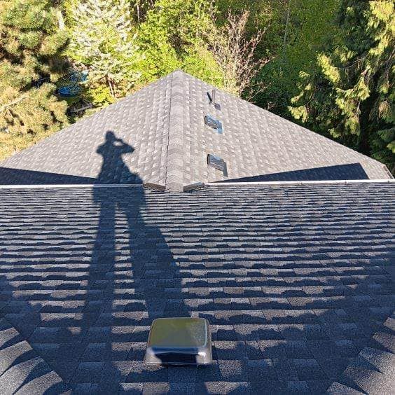 A shadow of a person is cast on the roof of a house.