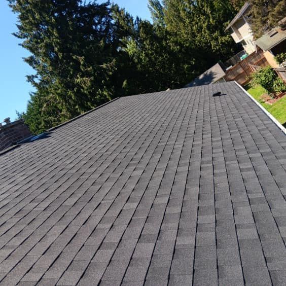 A roof with a lot of shingles and trees in the background