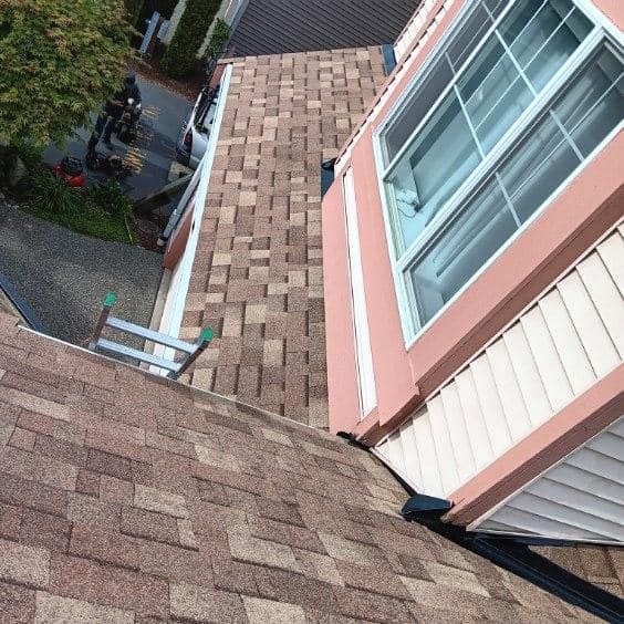 A ladder is on the roof of a house