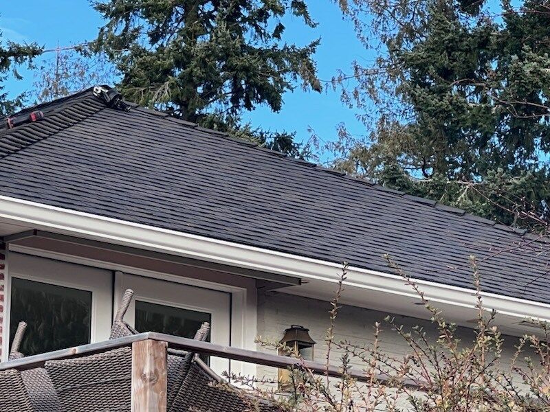 The roof of a house with a balcony and trees in the background.