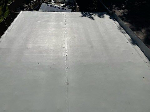 A close up of a white roof with a tree in the background.