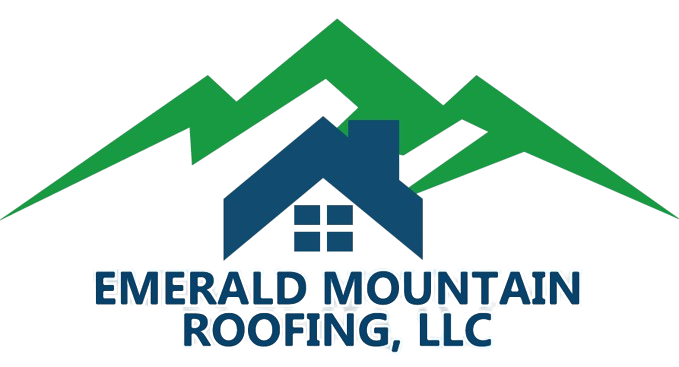 The logo for emerald Mountain Roofing , LLC shows a house on top of a mountain.