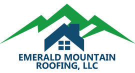 The logo for emerald Mountain Roofing , LLC shows a house on top of a mountain.