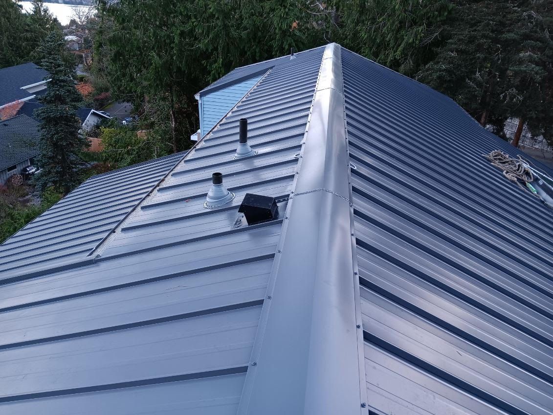 The roof of a house with a metal roof and a chimney on it.